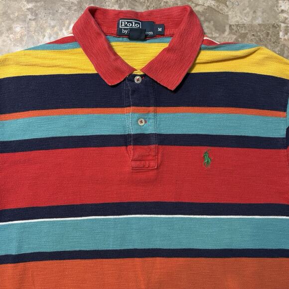 Polo Ralph Lauren Shirt Mens Medium Blue Colorful Stripes Rugby Slub Knit - Picture 1 of 8